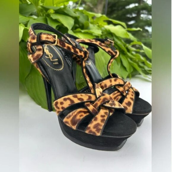 Yves Saint Laurent YSL calf hair high heel Tribute Sandals Animal 39 US 8.5 - Picture 1 of 13